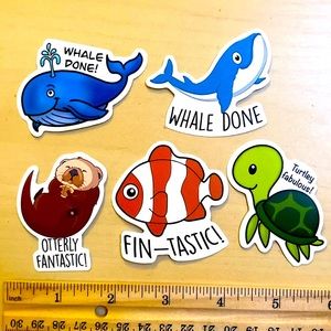 5 for $10: 5 Pun Fun Stickers: Water animals! 🐳 🐋 🦦 🐢 WATERPROOF!